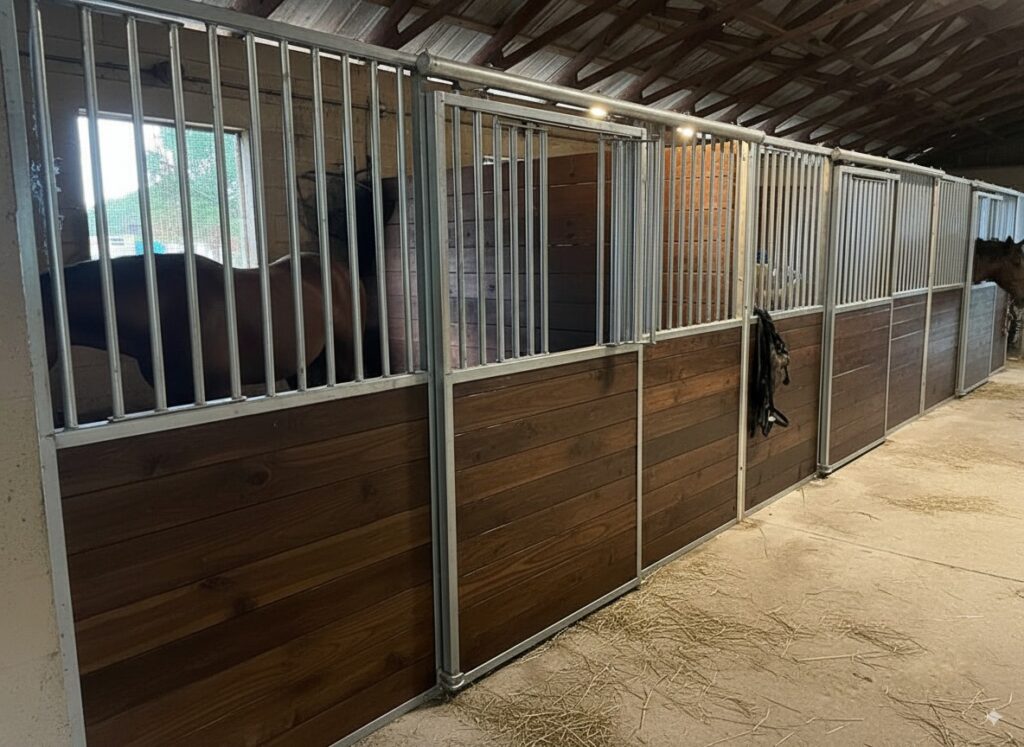 Closed stall doors in a barn.