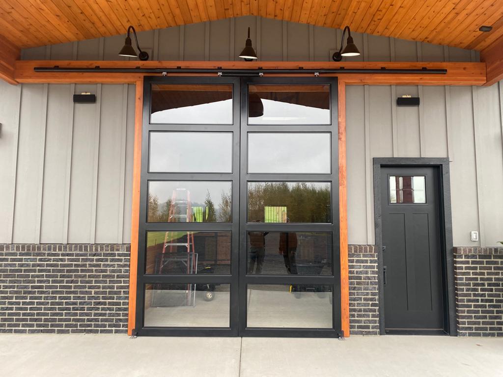 sliding barn door with glass windows